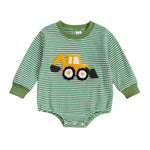 Baby Boy Fall Bubble Romper Casual Digger Tractor Embroidery Striped Long Sleeve Jumpsuit Infant Cute Outfit