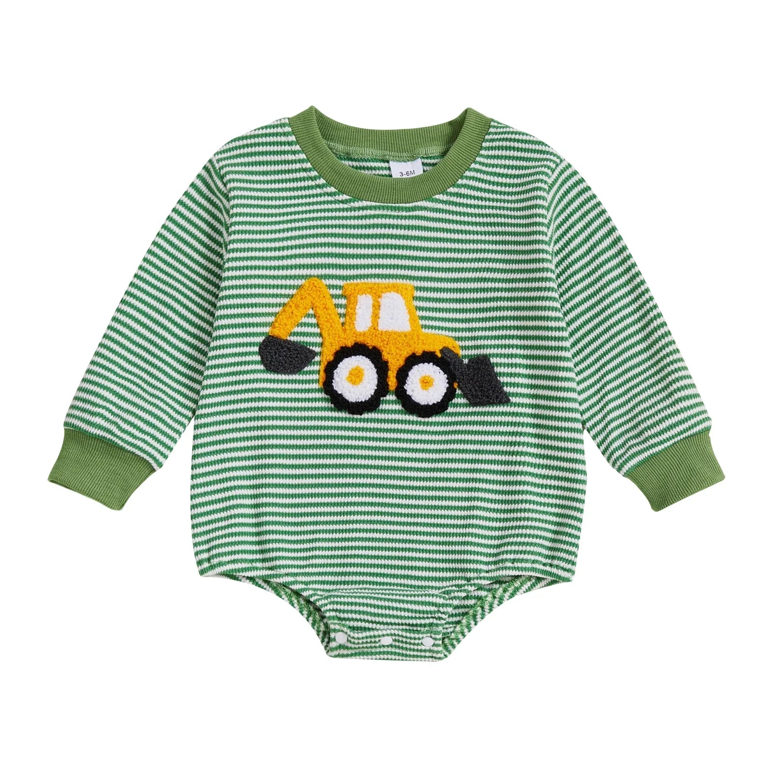 Baby Boy Fall Bubble Romper Casual Digger Tractor Embroidery Striped Long Sleeve Jumpsuit Infant Cute Outfit