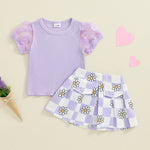 Toddler Kids Girls 2Pcs Summer Outfit Mesh Flower Sleeve Ribbed Top Floral Checker Print Skirt Set