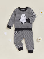 Baby Toddler Boys 2Pcs Halloween Outfit Ghost Embroidery Striped Long Sleeve Top and Elastic Pants Clothes Set