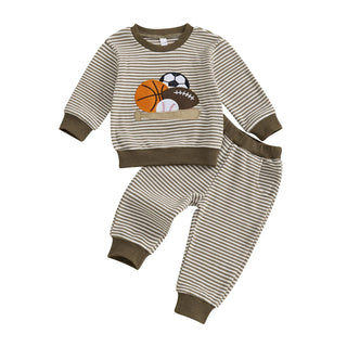 Baby Toddler Boys 2Pcs Fall Outfit Rugby Embroidery Striped Long Sleeve Top and Elastic Pants Clothes Set