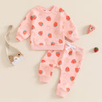 Baby Toddler Girls 2Pcs Fall Strawberry Print Outfit Long Sleeve Top Elastic Waist Pants with Pockets Set