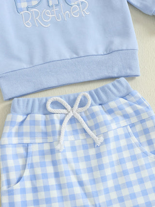 Baby Toddler Boys 2Pcs Fall Outfit Letter Embroidery Big Brother Long Sleeve Top and Elastic Plaid Pants Clothes