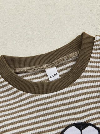 Baby Toddler Boys 2Pcs Fall Outfit Rugby Embroidery Striped Long Sleeve Top and Elastic Pants Clothes Set