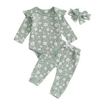 Baby Girl 3Pcs Spring Fall Outfit Floral Print Long Frill Sleeve Romper Long Flower Pants Headband Set