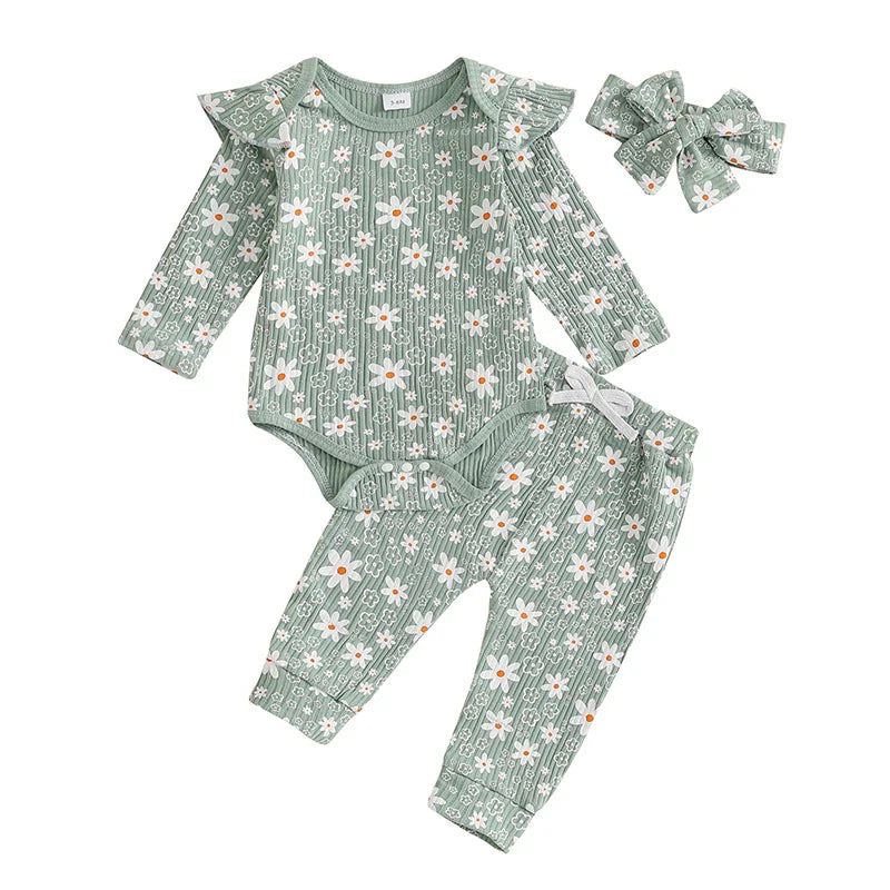 Baby Girl 3Pcs Spring Fall Outfit Floral Print Long Frill Sleeve Romper Long Flower Pants Headband Set