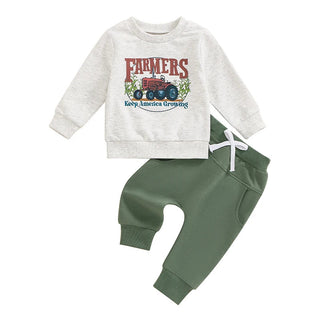 Baby Toddler Boys 2Pcs Fall Outfit A Little Dirt Never Hurt / Farmers Keep America Growing Letter Tractor Print Long Sleeve Top and Long Pants Set