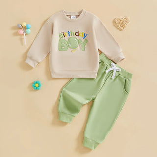 Baby Toddler Boy 2Pcs Birthday Boy Outfit Letter Ballon Embroidery Long Sleeve Pullover Crewneck Top Elastic Waist Solid Pants Jogger Set
