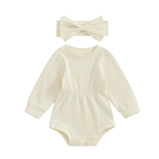 Baby Girls Spring Fall Solid Color Round Neck Long Sleeve Ribbed Romper Bow Headband Set