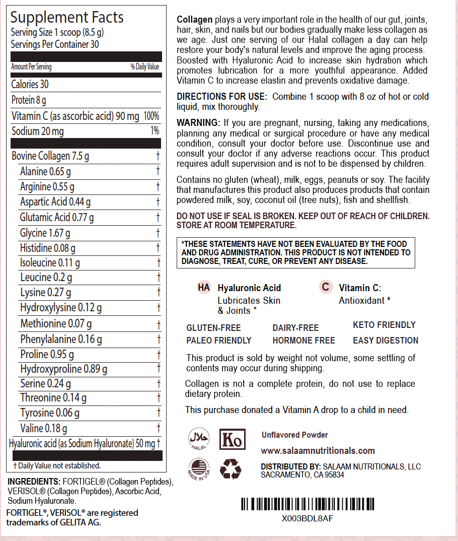 Pure Halal Collagen Hydrolyzed Peptides Type 1 & 3 Powder - With Vitamin C & Hyaluronic Acid | Salaam Nutritionals Salaam Nutritionals