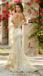 Lyra Gown - Gold Mist - FITTED FLORAL GLITTER PRINT CORSET GOWN