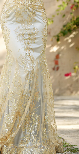 Lyra Gown - Gold Mist - FITTED FLORAL GLITTER PRINT CORSET GOWN - By Baano