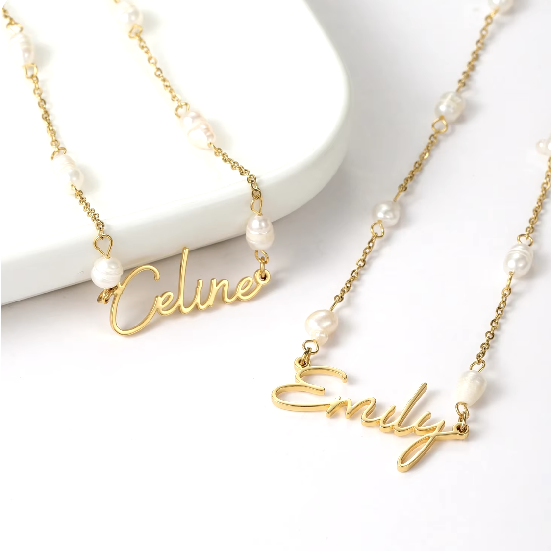 Cursive Name Necklace w/ Petite Pearls