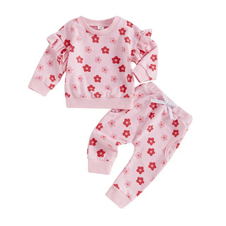 Baby Toddler Girl 2Pcs Fall Outfit Ruffle Long Sleeve Floral Flower Print Top + Pants Set