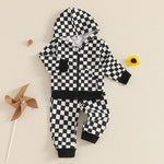 Baby Toddler Boy 2Pcs Checkered Outfit Long Sleeve Zip Up Hoodie Elastic Waist Pants with Pockets Jogger Set