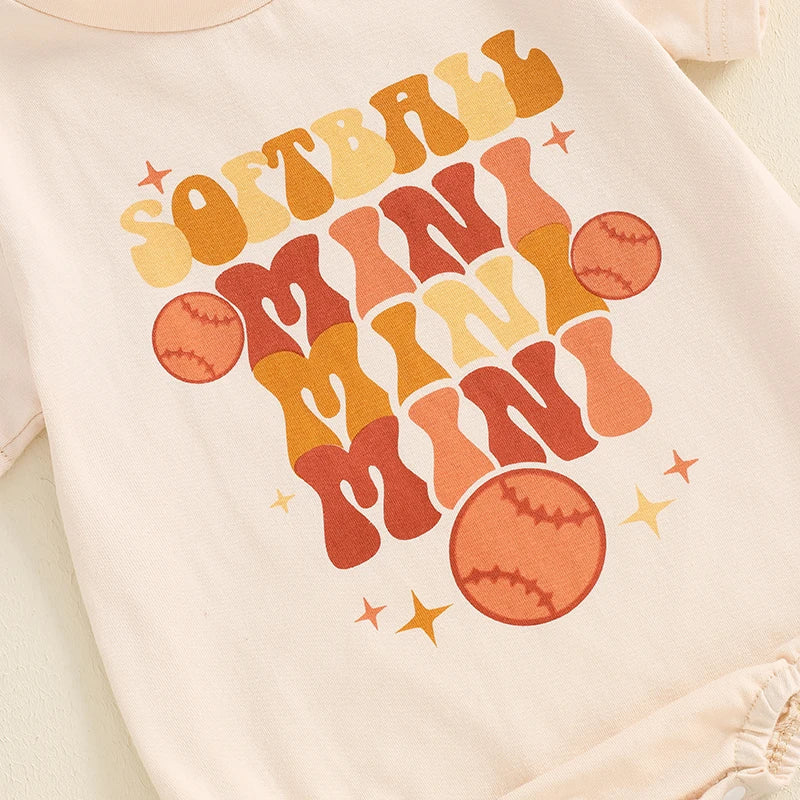 Baby Boys Girls Softball Mini Letter Baseball Print Romper Short Sleeve Round Neck Jumpsuit