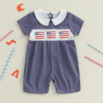 Baby Girl 4th of July Romper Smocked Plaid Pattern American Flag Embroidery Ruffled Doll Collar Short Sleeve Jumpsuit