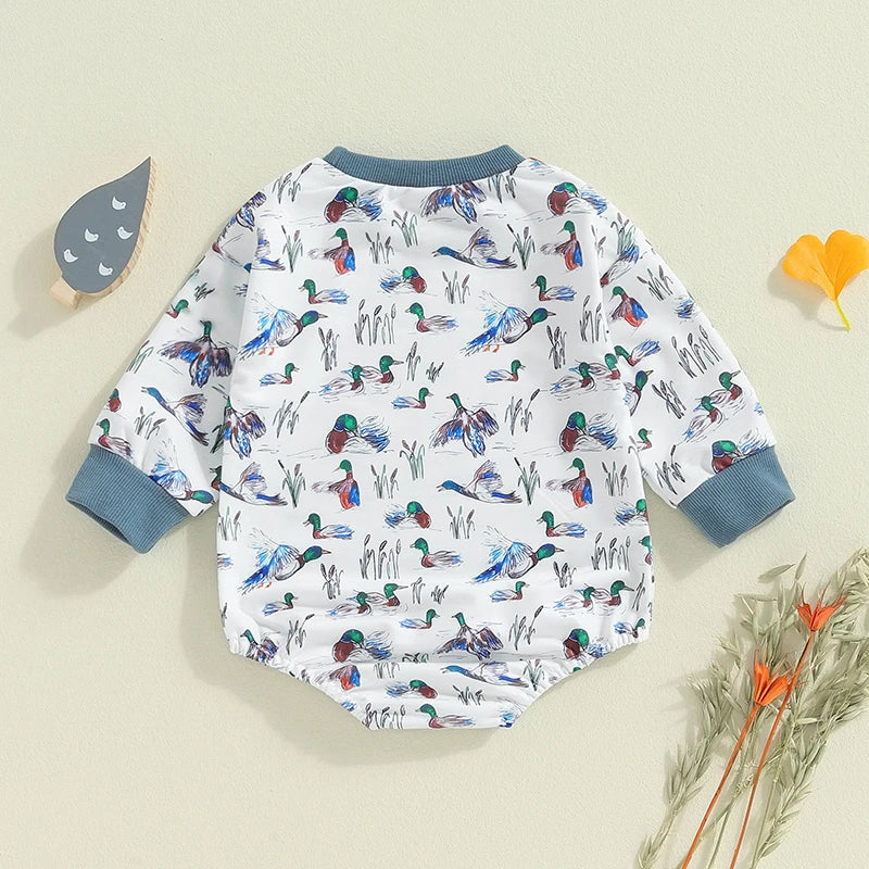 Baby Boys Fall Bodysuit Duck Print Long Sleeve Crewneck Jumpsuit Fall Spring