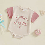 Baby Girl Auntie's Bestie Romper Contrast Color Letter Embroidery Waffle Crew Neck Short Sleeve Jumpsuit