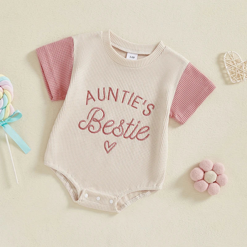 Baby Girl Auntie's Bestie Romper Contrast Color Letter Embroidery Waffle Crew Neck Short Sleeve Jumpsuit