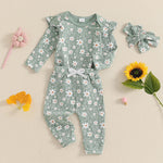 Baby Girl 3Pcs Spring Fall Outfit Floral Print Long Frill Sleeve Romper Long Flower Pants Headband Set