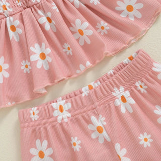 Baby Toddler Girls 3Pcs Outfit Sleeveless Daisy Flower Print Baby Doll Tank Top Shorts Headband Set