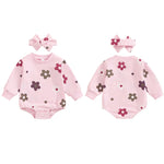 Baby Girls 2Pcs Buble Romper Floral Flowers Print Round Neck Long Sleeve Jumpsuit with Headband Fall Set