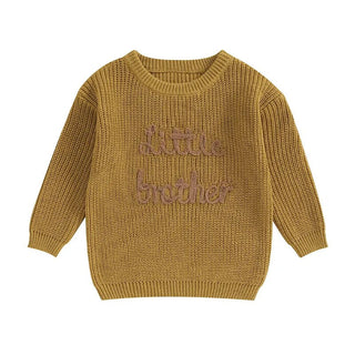 Baby Boys Sweater Letter Embroidery Little Brother Crew Neck Long Sleeve Pullover Top