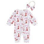 Baby Girl 2Pcs Fall Jumpsuit Ruffled Zip Up Boots Ribbons Print Long Sleeve Round Neck Zipper Romper Bow Headband Set