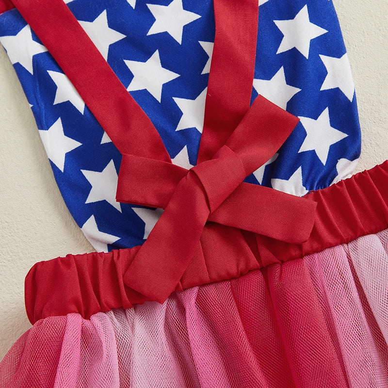 Baby Girls Romper Dress Sleeveless Tank Stars USA Flag Heart Tulle Patchwork Party Bodysuit Tutu Summer 4th of July Clothing