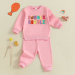 Baby Toddler Girls 2Pcs Thanksgiving Outfit Long Sleeve Turkey Gobble Embroidery Top + Pants Jogger Set Clothes