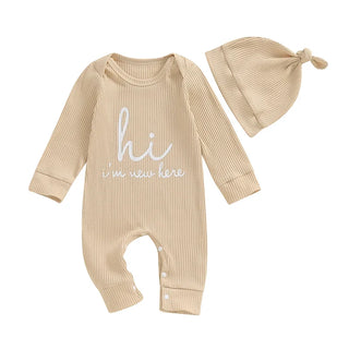 Baby Boys Girls 2Pcs Hi I'm New Here Romper Letter Print Long Sleeve Crew Neck Jumpsuit Bodysuit with Hat Set