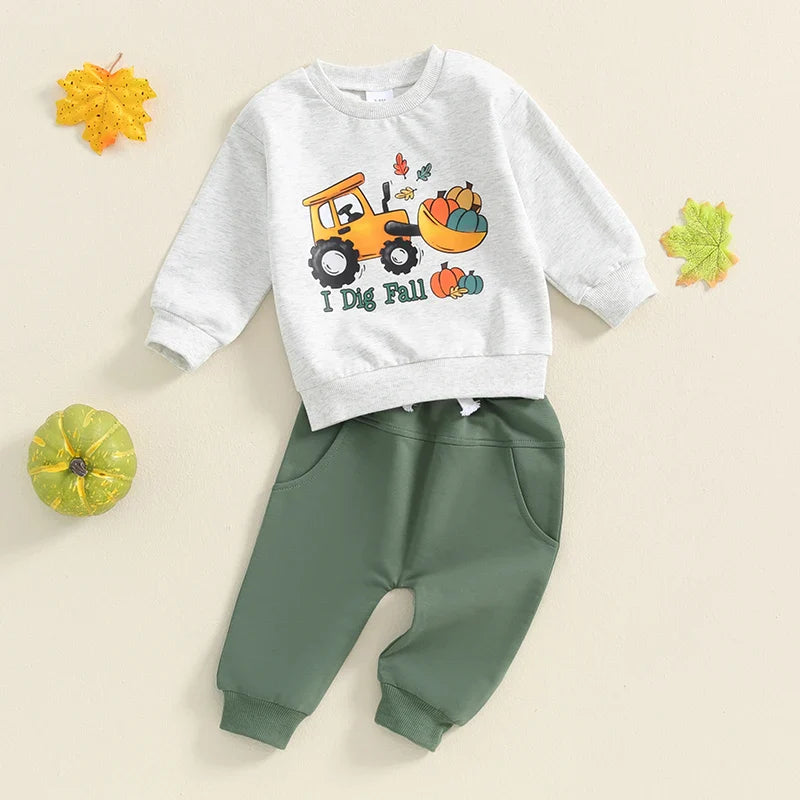 Baby Toddler Boys 2Pcs I Dig Fall Outfit Long Sleeve Tractor Pumpkin Print Top + Pants Set