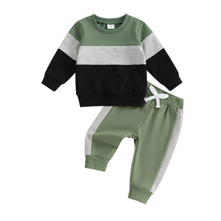 Baby Toddler Boys 2Pcs Long Sleeve Round Neck Top Drawstring Long Pants Contrast Color Outfit Set