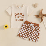 Baby Toddler Boys 2Pcs Dad's Little Dude Summer Outfit Letter Print Short Sleeve T-Shirt Top and Elastic Checkered Print Shorts Set