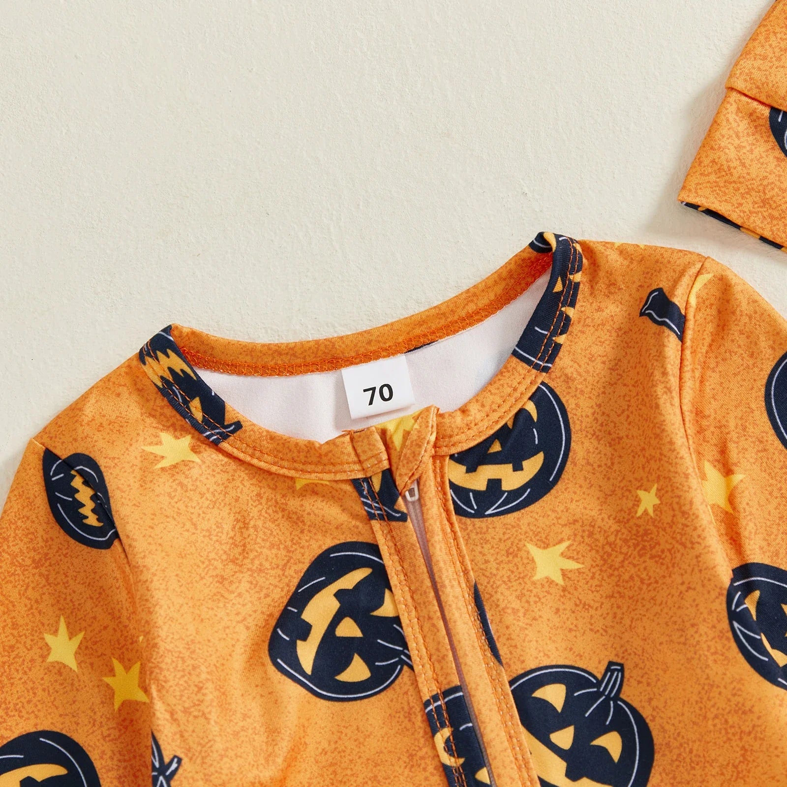 Baby Boy Girl 2Pcs Halloween Footed Zipper Romper Pumpkin Print Long Sleeve Round Neck Zip Jumpsuit with Hat Set