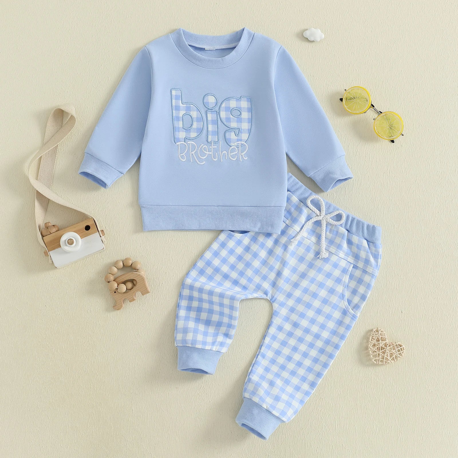 Baby Toddler Boys 2Pcs Fall Outfit Letter Embroidery Big Brother Long Sleeve Top and Elastic Plaid Pants Clothes