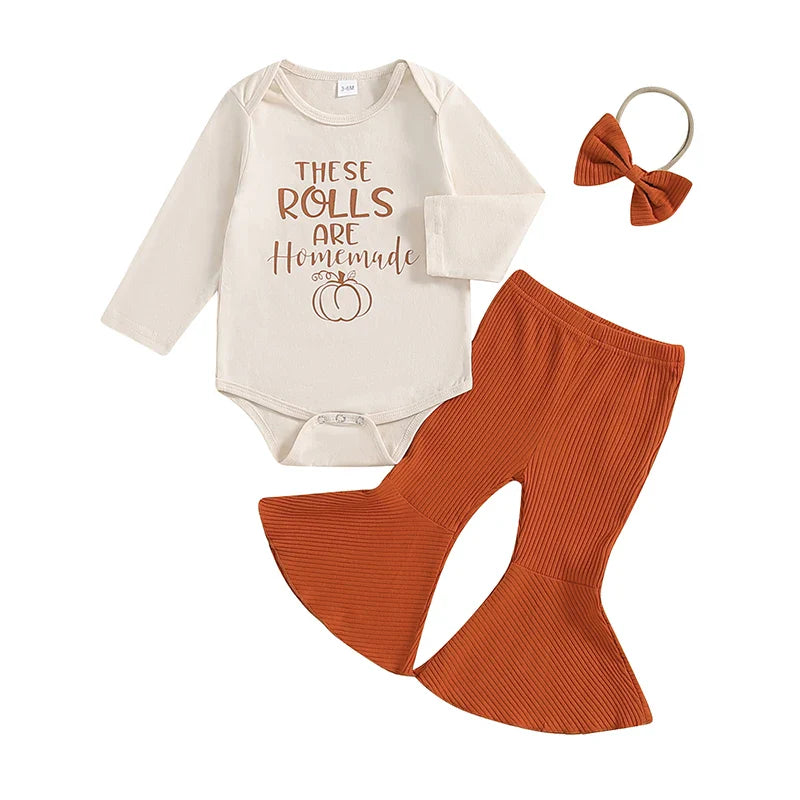 Baby Girls 3Pcs These Rolls Are Homemade Fall Set Letter Pumpkin Print Long Sleeve Romper Ribbed Flare Pants Hairband Outfit