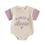 Baby Girl Auntie's Bestie Romper Contrast Color Letter Embroidery Waffle Crew Neck Short Sleeve Jumpsuit