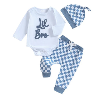 Baby Boys Girls 3Pcs Lil Bro / Sis Fall Outfit Letter Embroidery Long Sleeve Romper Checkered Print Pants Beanie Hat Set