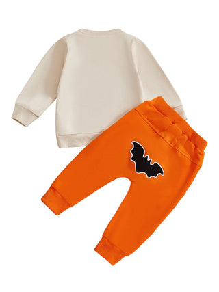 Baby Toddler Boys 2Pcs My First Halloween Outfit Letter Print Long Sleeve Top with Bat Embroidered Jogger Pants Set