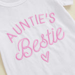 Baby Girls 3Pcs Auntie's Bestie Outfit Short Sleeve Letter Print Romper with Leopard Pattern Print Belted Pants and Headband Set