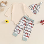 Baby Boys 3Pcs New To The Farm Long Sleeve O-Neck Embroidery Romper with Tractor Print Pants Hat Outfit Set