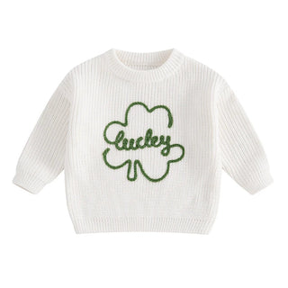 Baby Toddler Kids Boys Girls Lucky Knit Sweater Long Sleeve Round Neck Shamrock Letter Embroidery Pullover Spring St. Patrick's Day Top