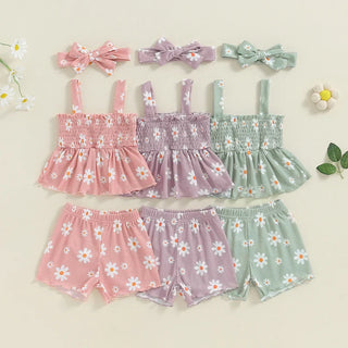 Baby Toddler Girls 3Pcs Outfit Sleeveless Daisy Flower Print Baby Doll Tank Top Shorts Headband Set
