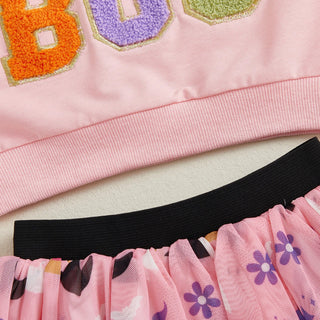 Baby Toddler Girls 2Pcs Girl Boo Halloween Outfit Long Sleeve Letter Ghost Embroidery Tops A-line Tulle Skirt Set