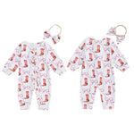 Baby Girl 2Pcs Fall Jumpsuit Ruffled Zip Up Boots Ribbons Print Long Sleeve Round Neck Zipper Romper Bow Headband Set