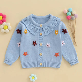 Baby Toddler Girls Cardigan Sweater 3D Flower Design Button Down Long Sleeve Knitted Top