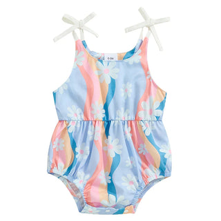 Baby Girls Summer Romper Flower/Butterfly Print Bow Tie Strap Tank Top Sleeveless Round Neck Jumpsuit