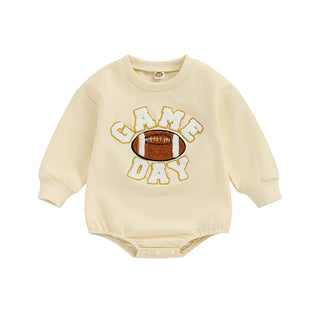 Baby Boys Girls Game Day Fall Bodysuit Letter Football Embroidery Long Sleeve Round Neck Jumpsuit Romper